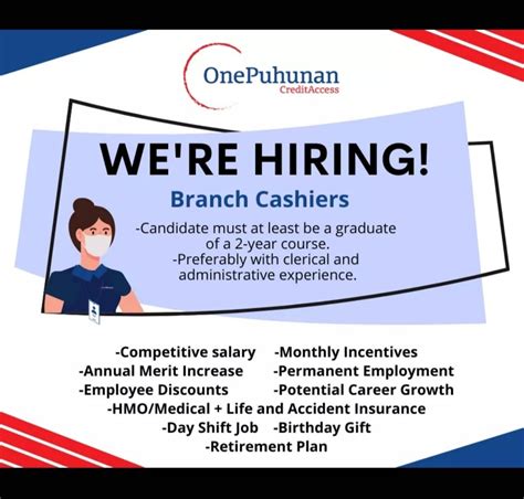 careers@onepuhunan.com.ph|HIRING BRANCH CASIER for .